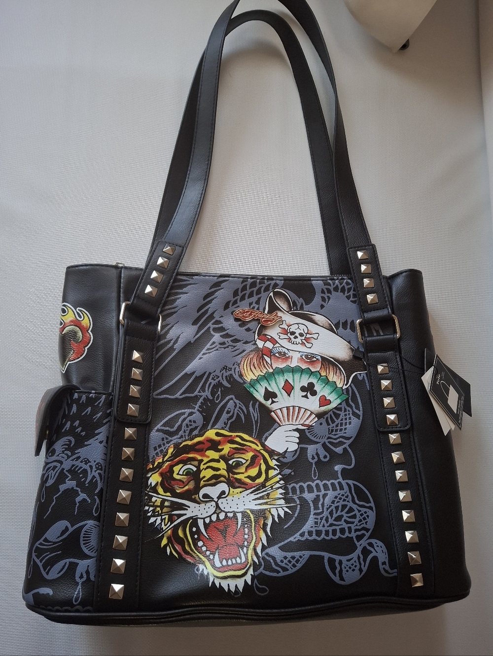 Ed Hardy Tote Nwt Punk Black Studded Canvas Tote with Bold Tiger & Tattoo Art